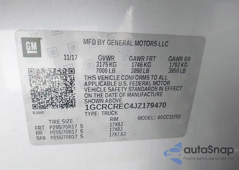 2018 Chevrolet Silverado 1500 1Lt z USA, uszkodzony, nr VIN 1GCRCREC4JZ179470